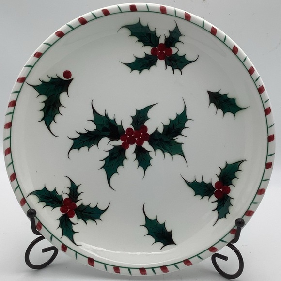 Three Vintage Lefton Hand Decorated Holly and Candy Cane Christmas Dinner Plates - Picture 4 of 8